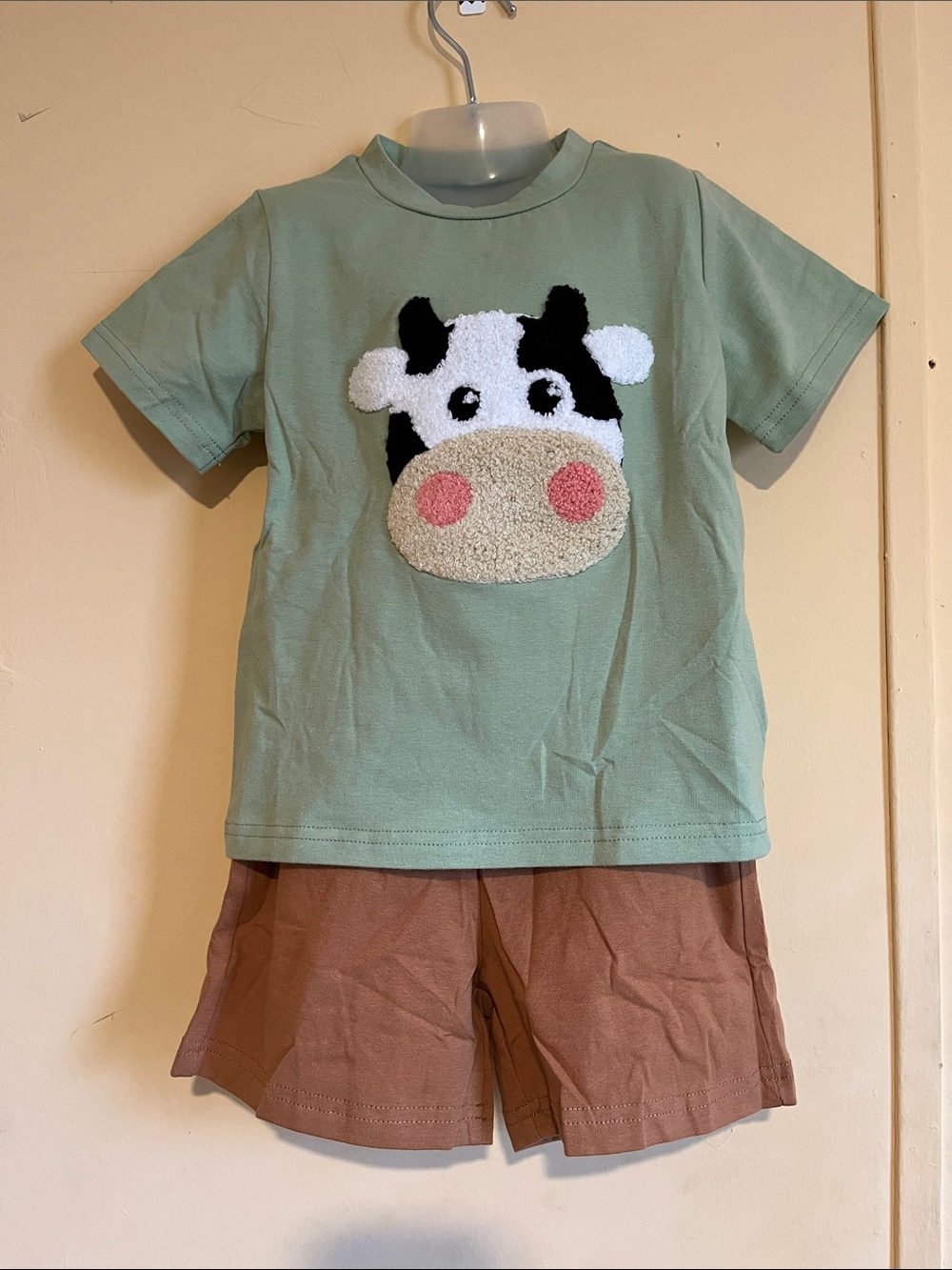 Set Kids Cow Appliqué Tee in Sage Green - Brand:
